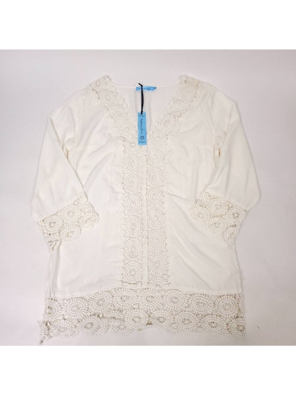 Solitaire Swim Beige Crochet Accent Swim Cover-Up Women’s Large - Picture 5 of 11